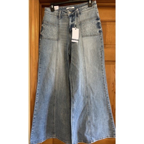 Bayeas Denim - Bayeas women's Mid Rise Wide 28 Jeans Rhinestones On Pockets Light Wash
